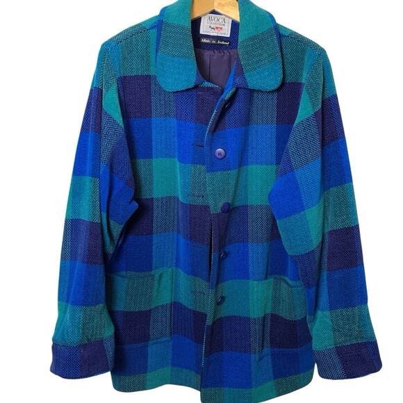 Avoca Coat Women's X-Large Chenille Teal Blue Checked Lined Made In Ireland - Picture 2 of 7